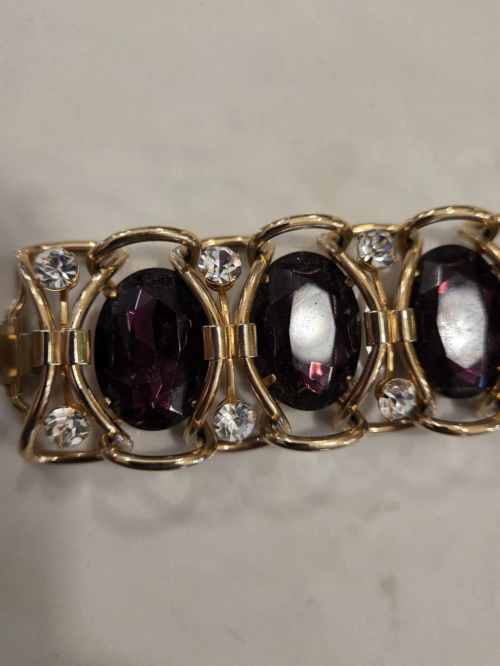 Gold Bracelet with Deep Purple Gemstones and Clear Accents - Picture 5 of 7